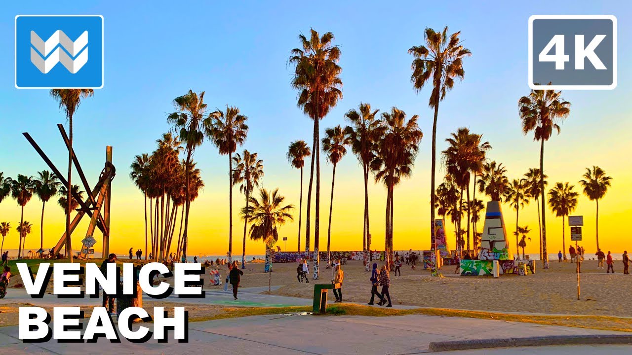 [4K] Sunset at Venice Beach Boardwalk - Los Angeles California 2023 Walking Tour Vlog & Travel Guide