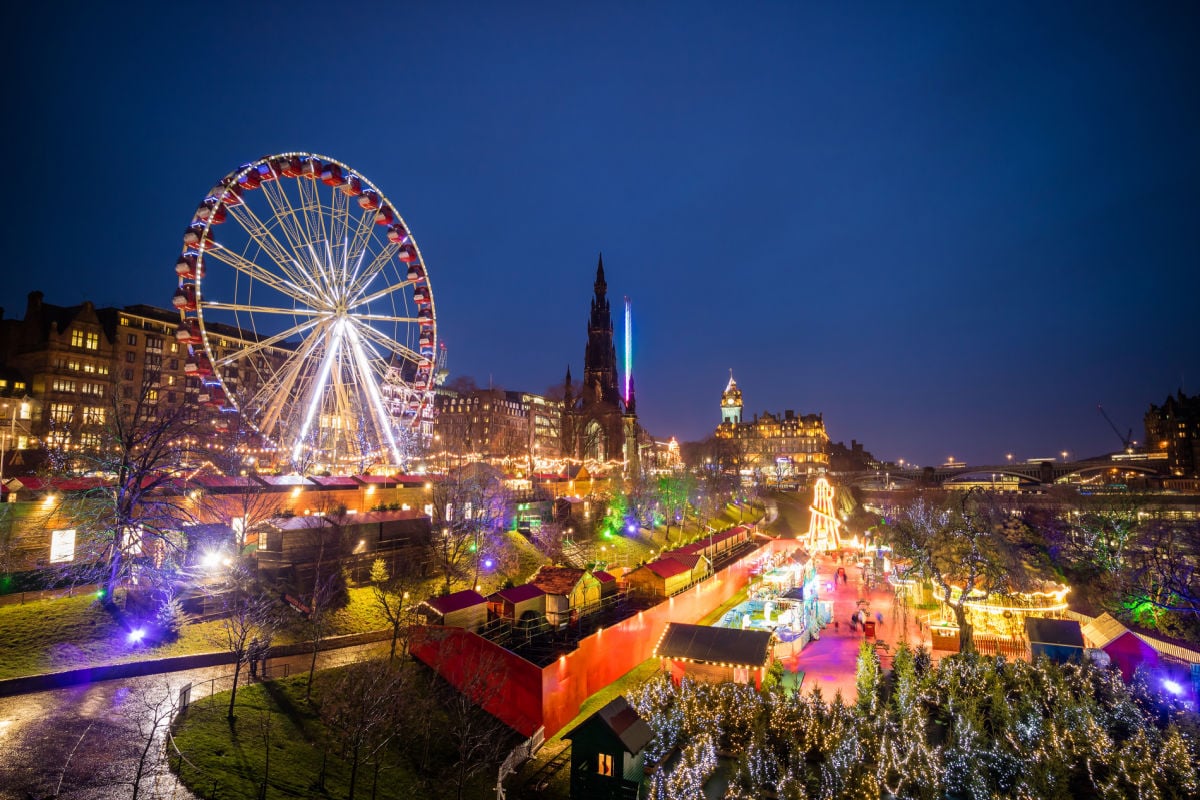 Winter festival in old town Edinburgh at night, Scotland UK