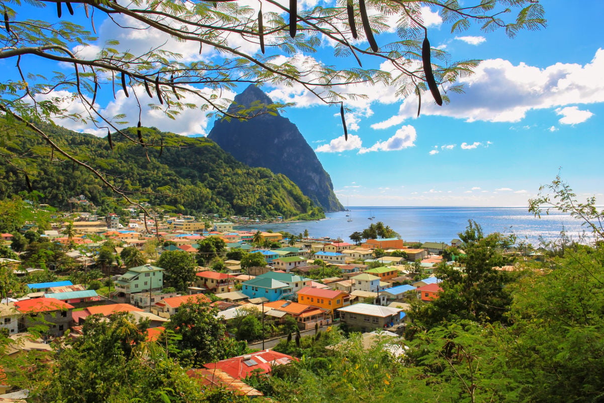 View of the coastal village of Soufrière - a must see destination on the West Coast of St Lucia, Caribbean