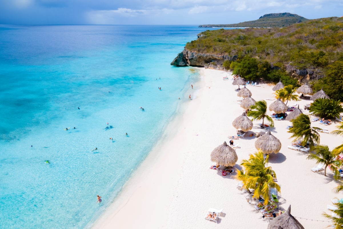 Cas Abao Beach Playa Cas Abao Caribbean island of Curacao, Playa Cas Abao in Curacao a white beach with a blue turqouse colored ocean Drone aerial view